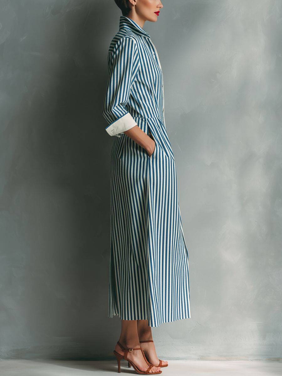 Vestido Camisero Azul Blanco Algodón