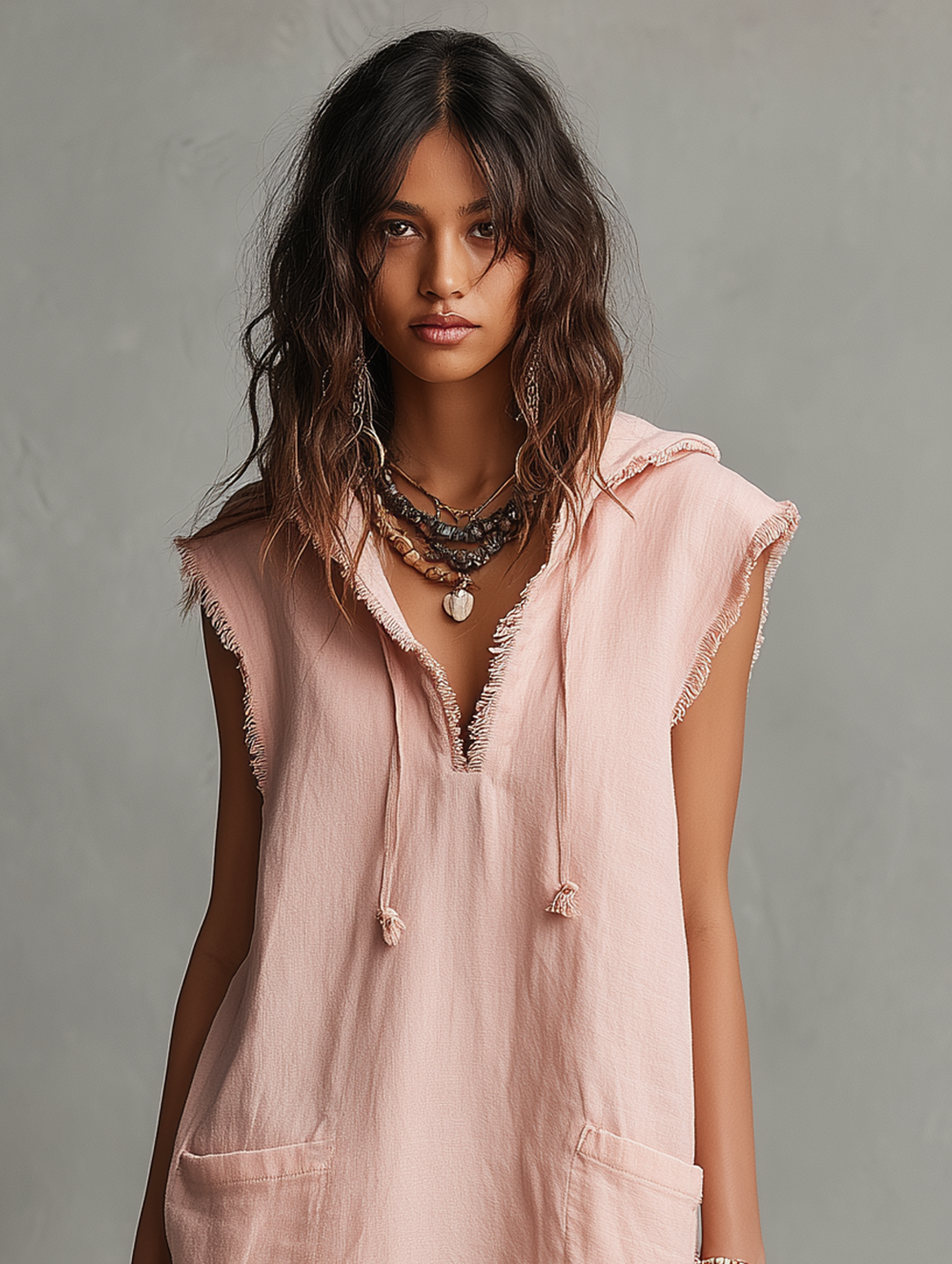 Vestido Mini Minimalista Lino-Mezcla Capucha
