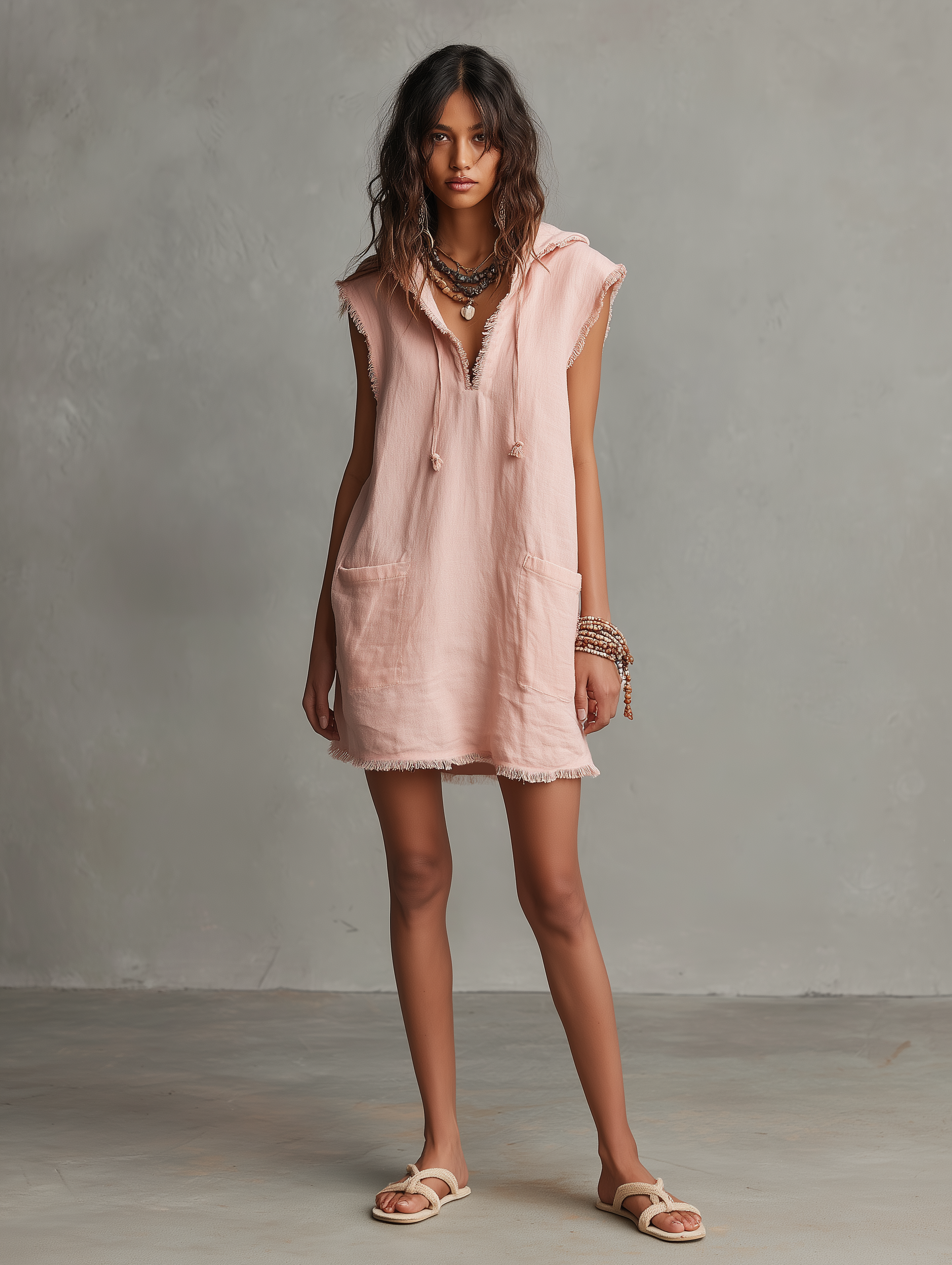 Vestido Mini Minimalista Lino-Mezcla Capucha