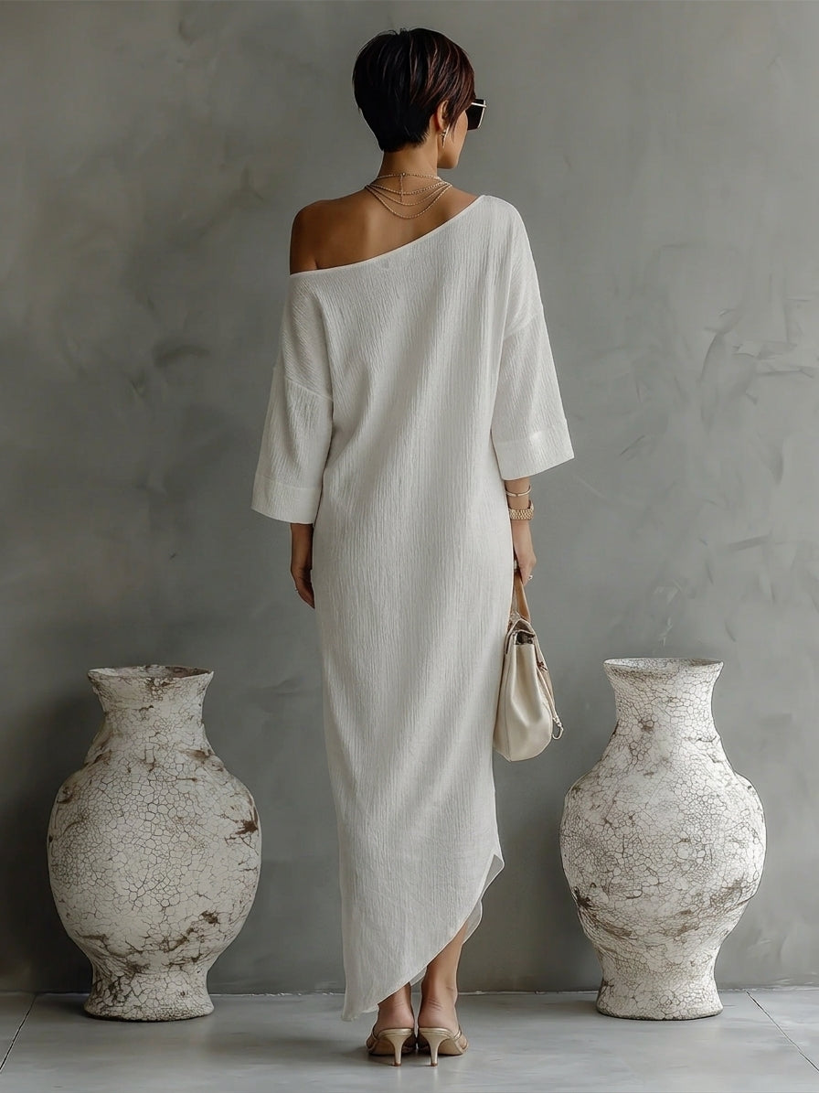 Vestido Marfil Blanco Algodón-Mezcla Lino