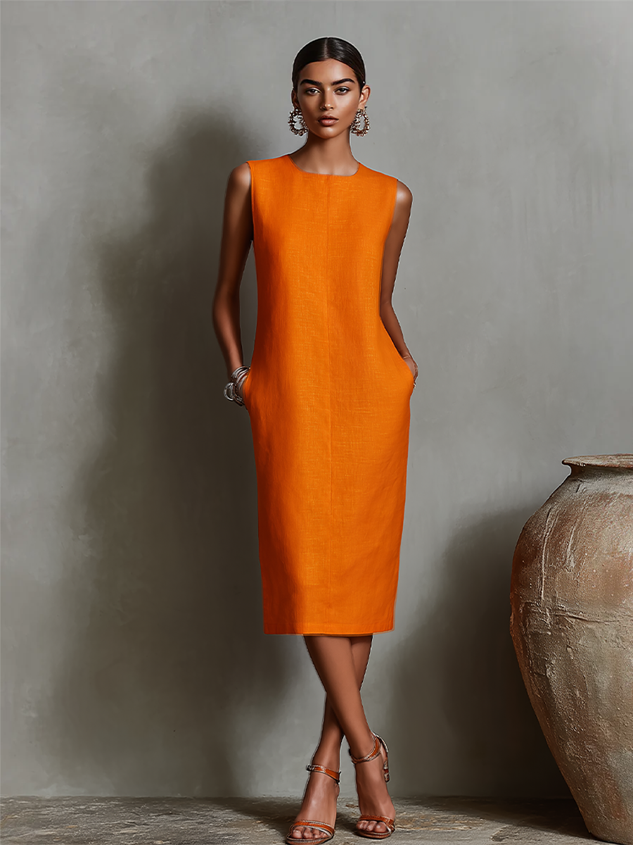 Vestido Naranja Lino Recto Redondo