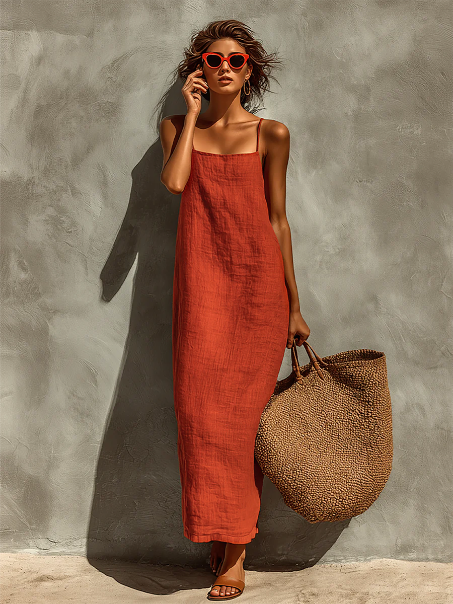 Vestido Rojo Algodón Cuadrado Atemporal