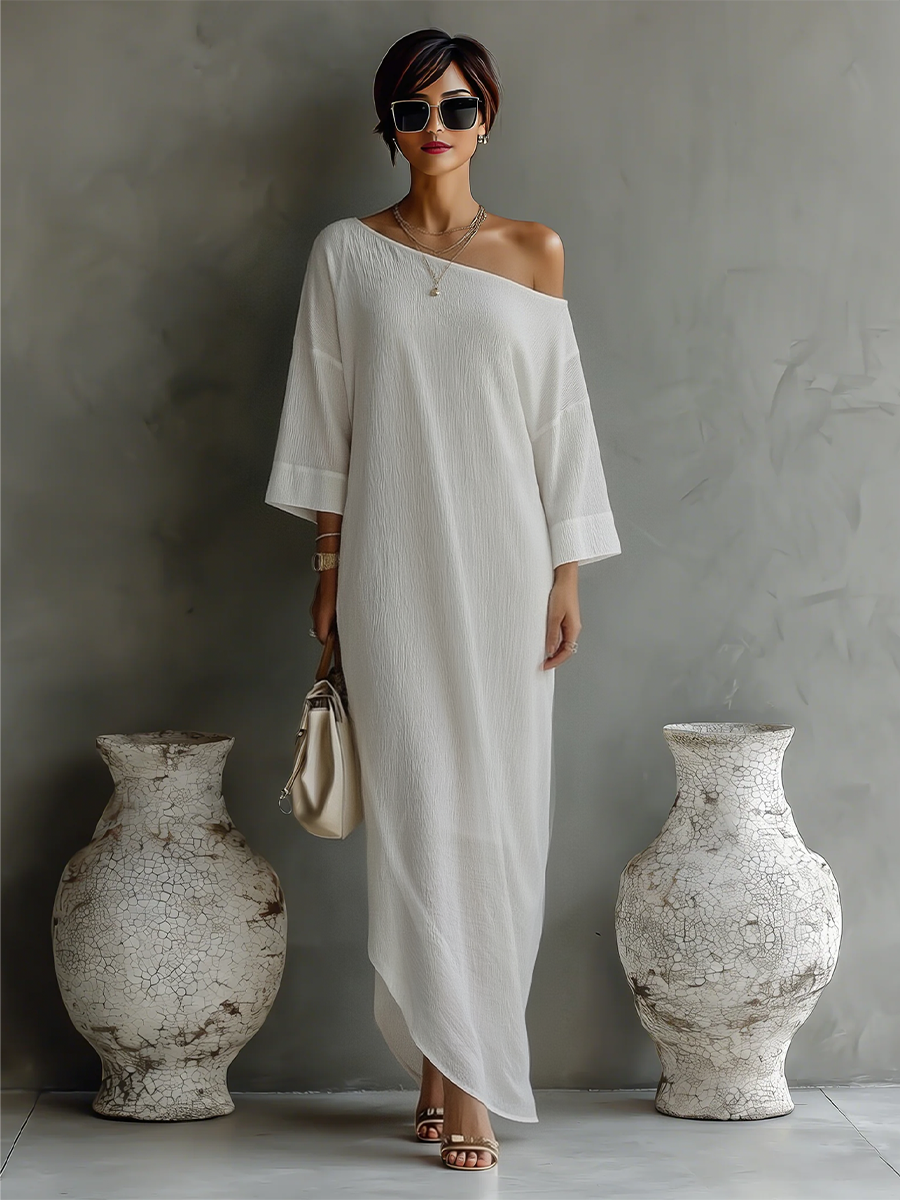 Vestido Marfil Blanco Algodón-Mezcla Lino