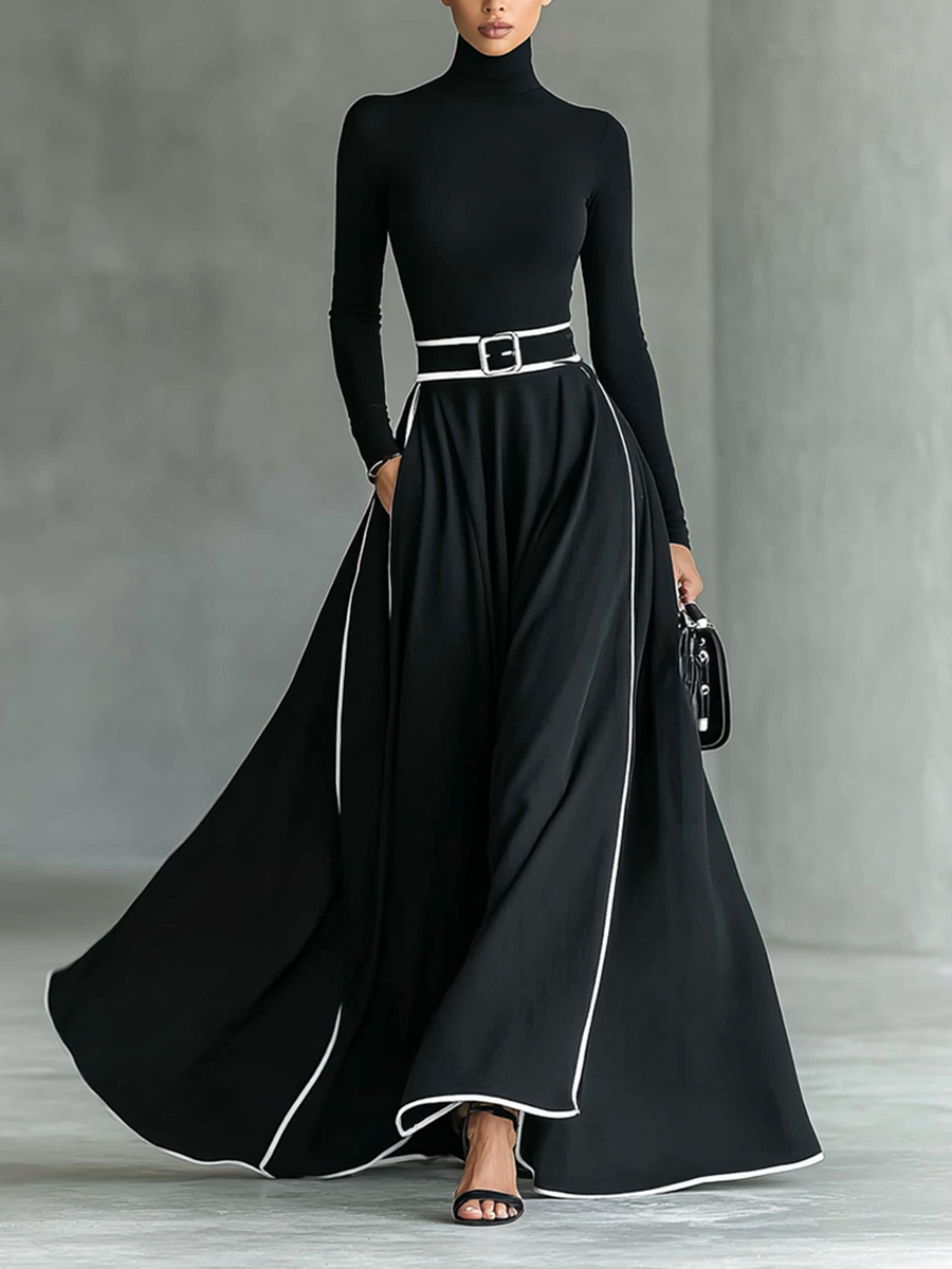 Vestido Maxi Negro Costura Blanco