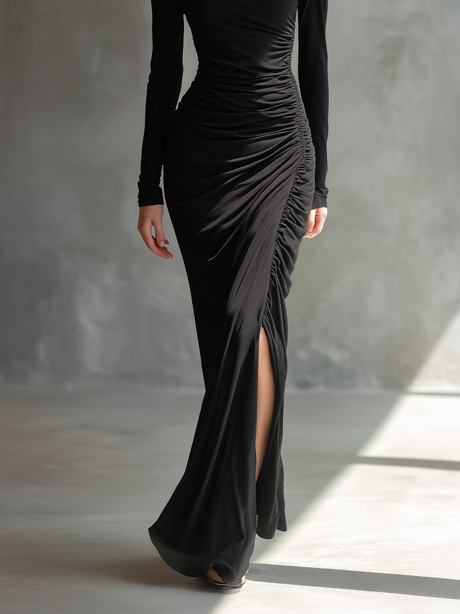Vestido Maxi Negro Elegante Fruncido
