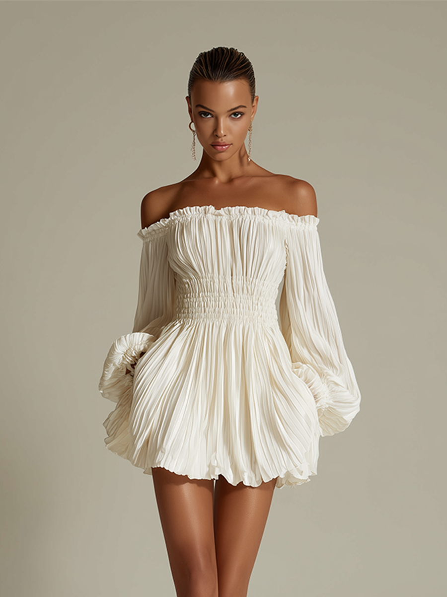 Vestido Marfil Plisado Descubiertos Cintura