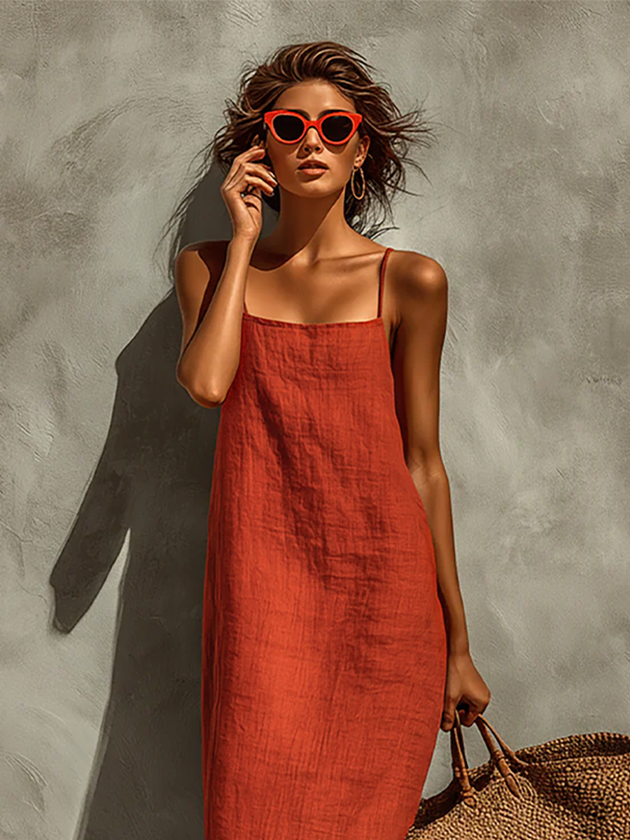 Vestido Rojo Algodón Cuadrado Atemporal