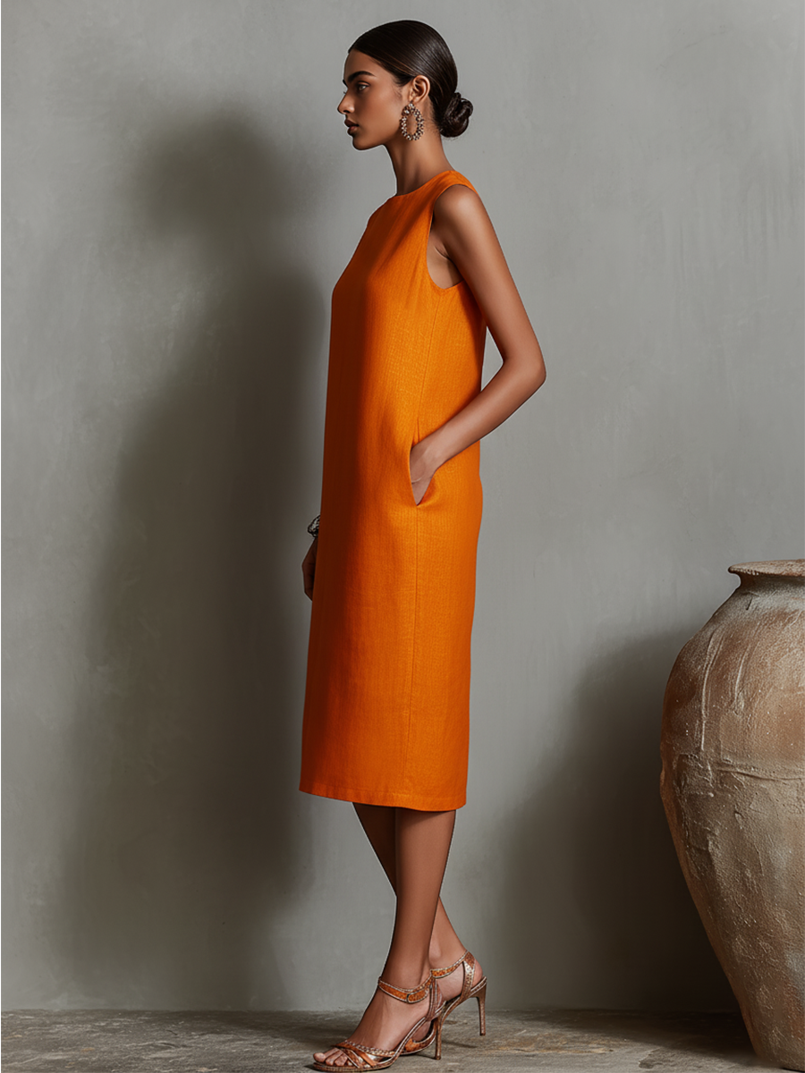 Vestido Naranja Lino Recto Redondo