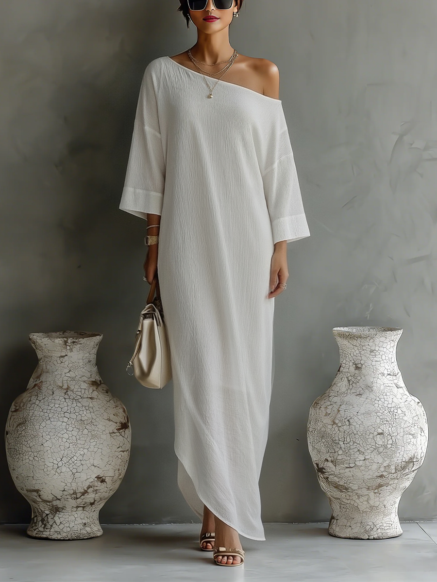 Vestido Marfil Blanco Algodón-Mezcla Lino