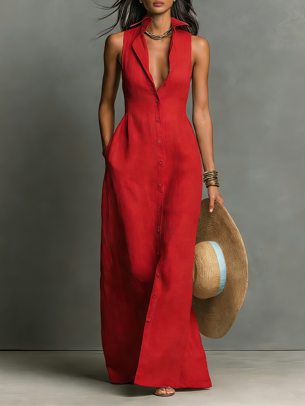 Vestido Camisero Maxi Minimalista Lino-Mezcla