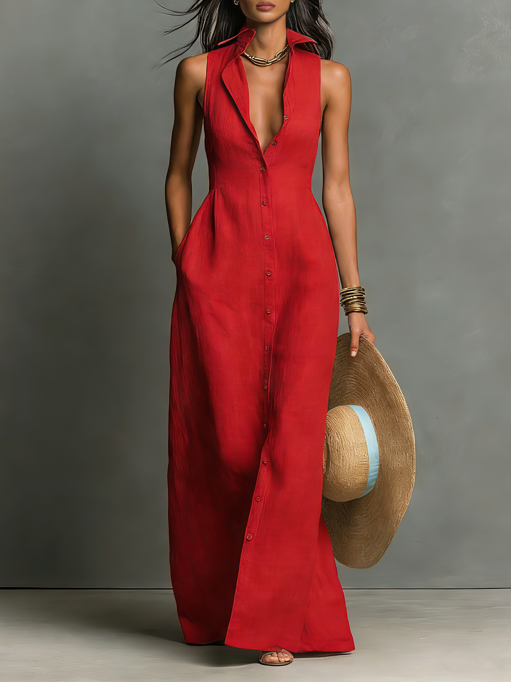 Vestido Camisero Maxi Minimalista Lino-Mezcla