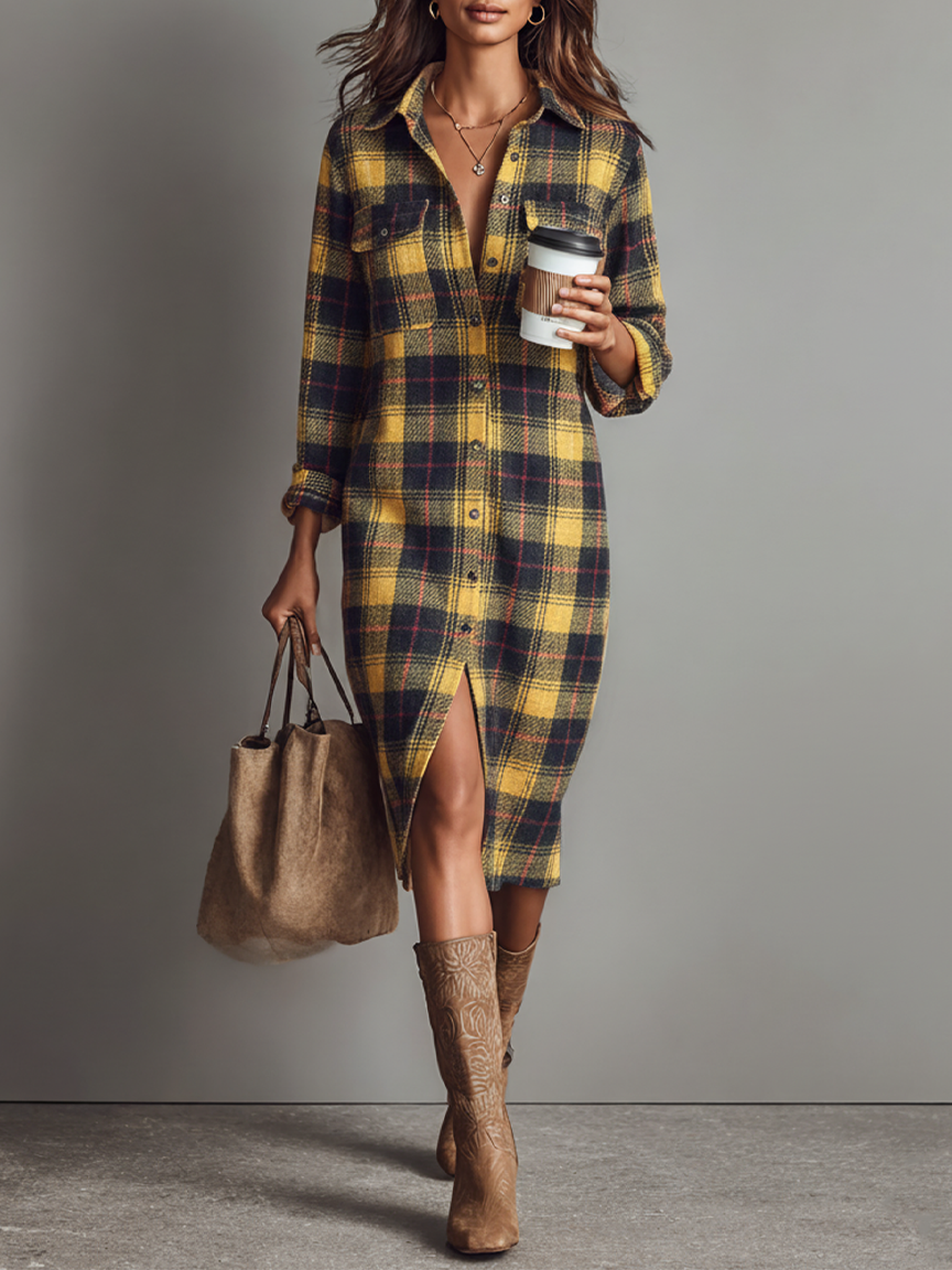 Vestido Midi Franela Cuadros Camisa