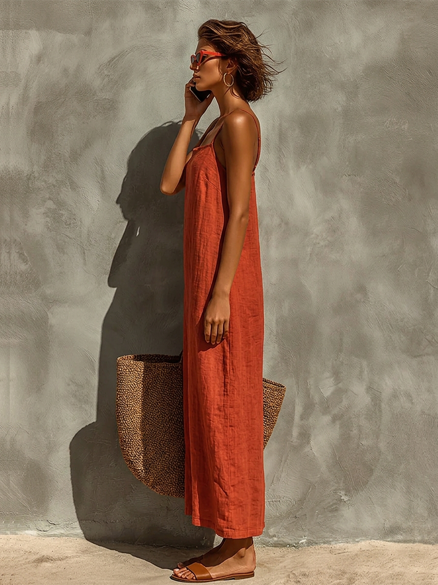 Vestido Rojo Algodón Cuadrado Atemporal
