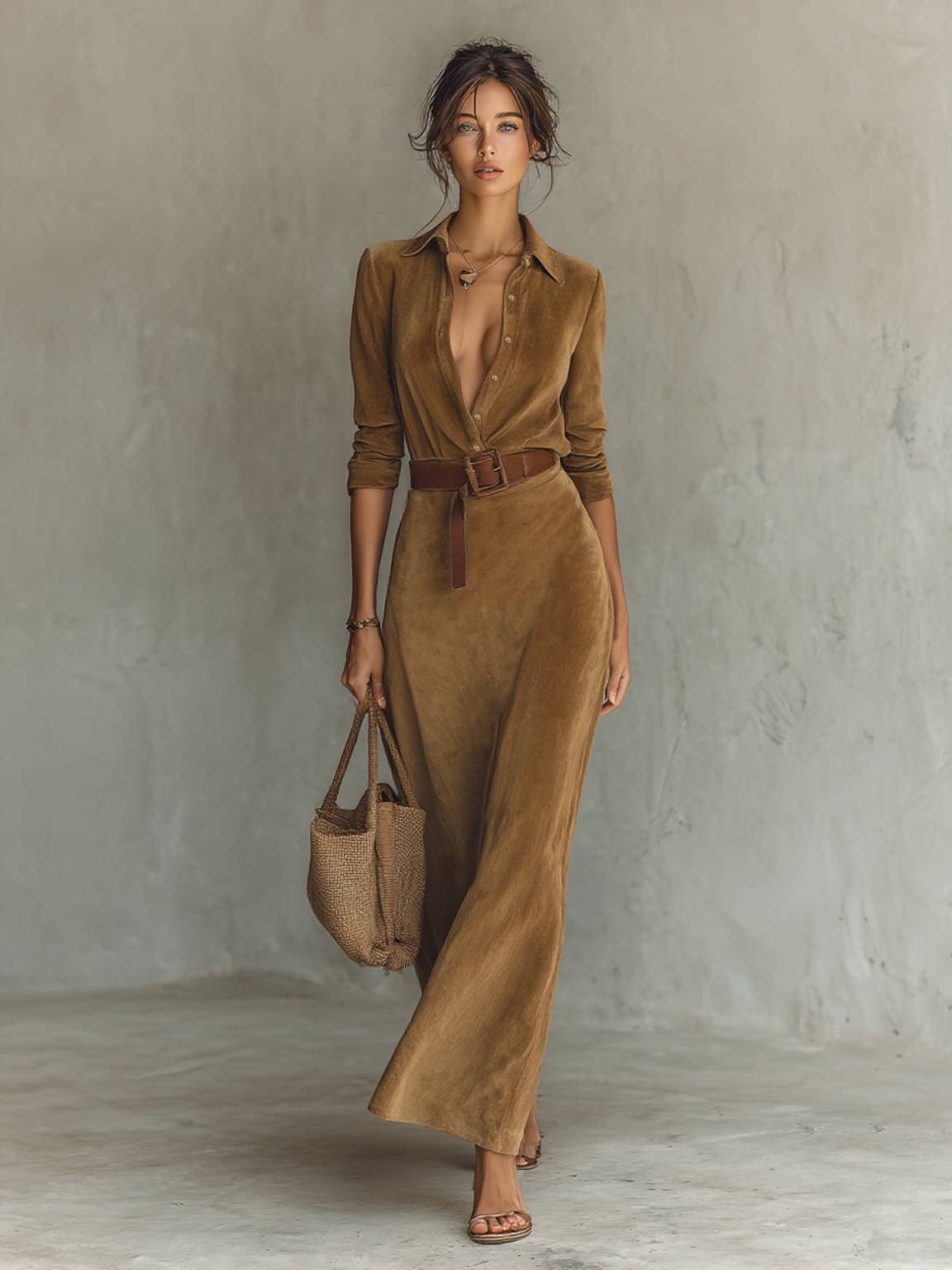 Vestido Maxi Ante Solapa Cinturón