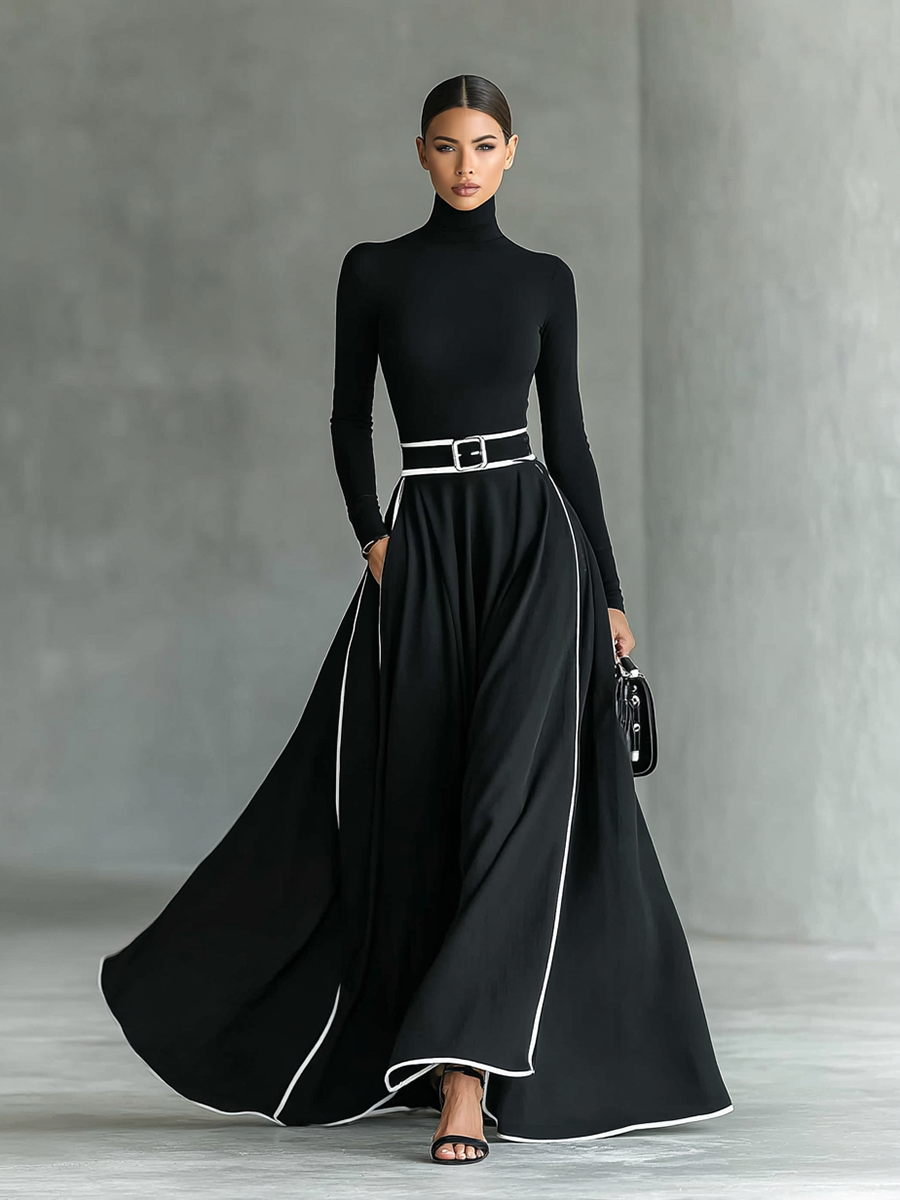 Vestido Maxi Negro Costura Blanco