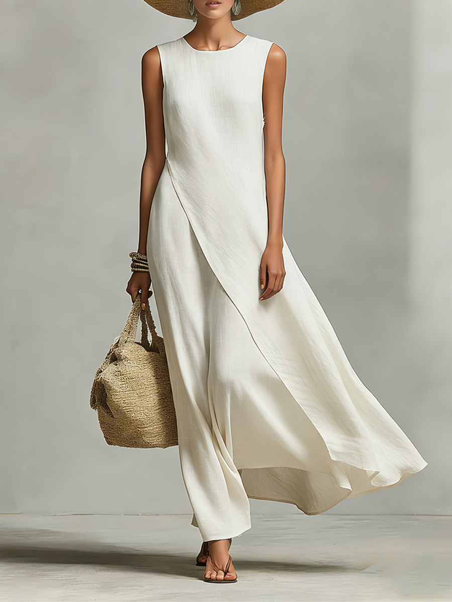Vestido Marfil Lino Detalles Asimétrico