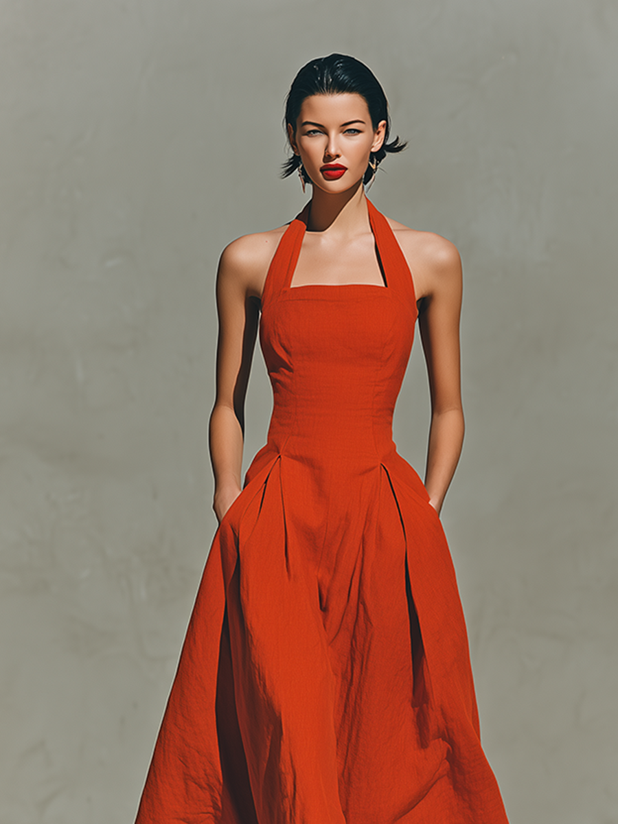 Vestido Maxi Rojo Lino Halter