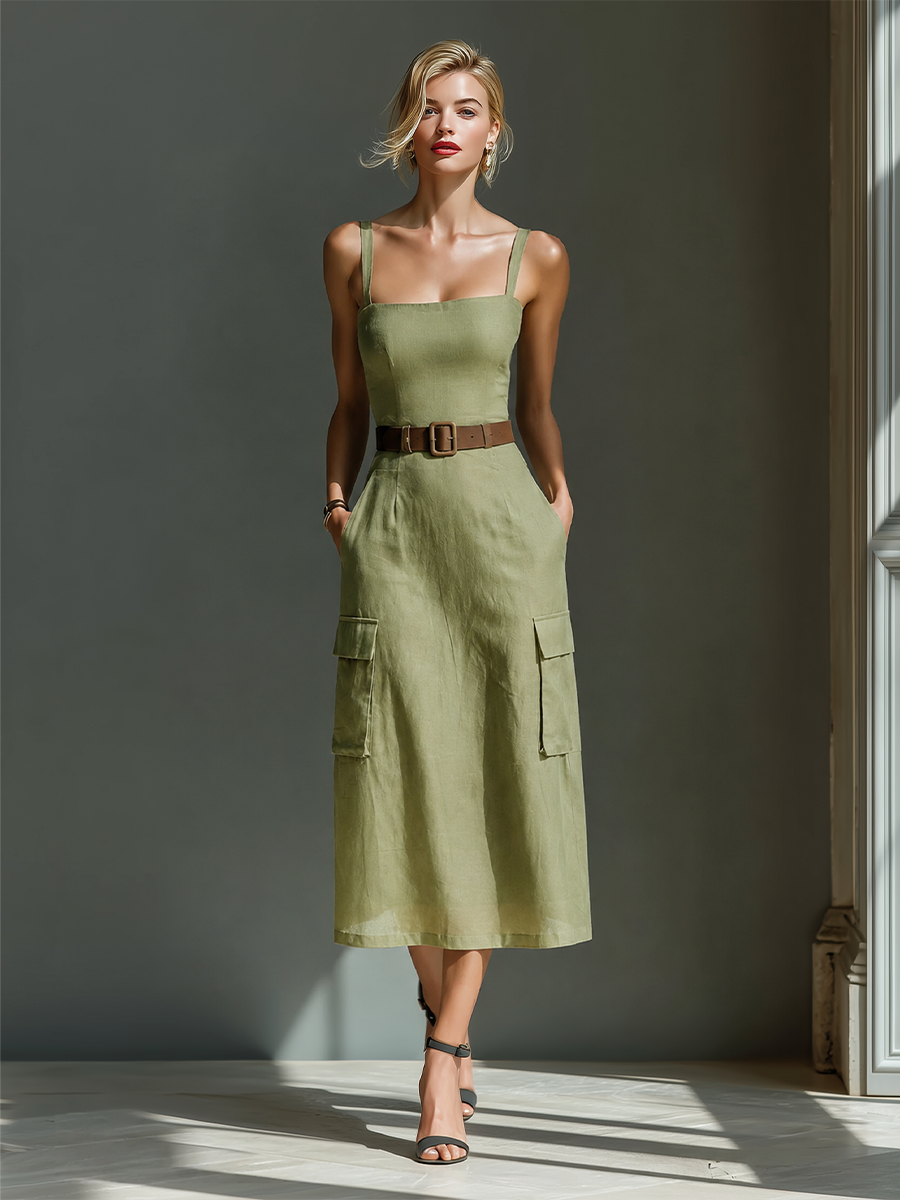 Vestido Midi Oliva Verde Lino