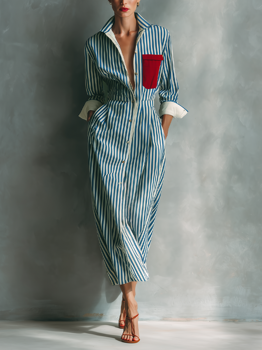 Vestido Camisero Azul Blanco Algodón