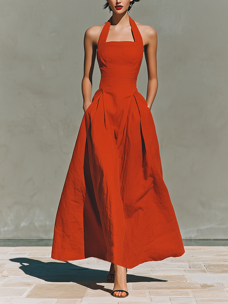 Vestido Maxi Rojo Lino Halter