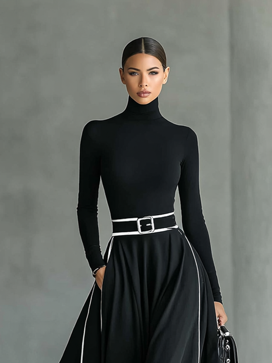 Vestido Maxi Negro Costura Blanco