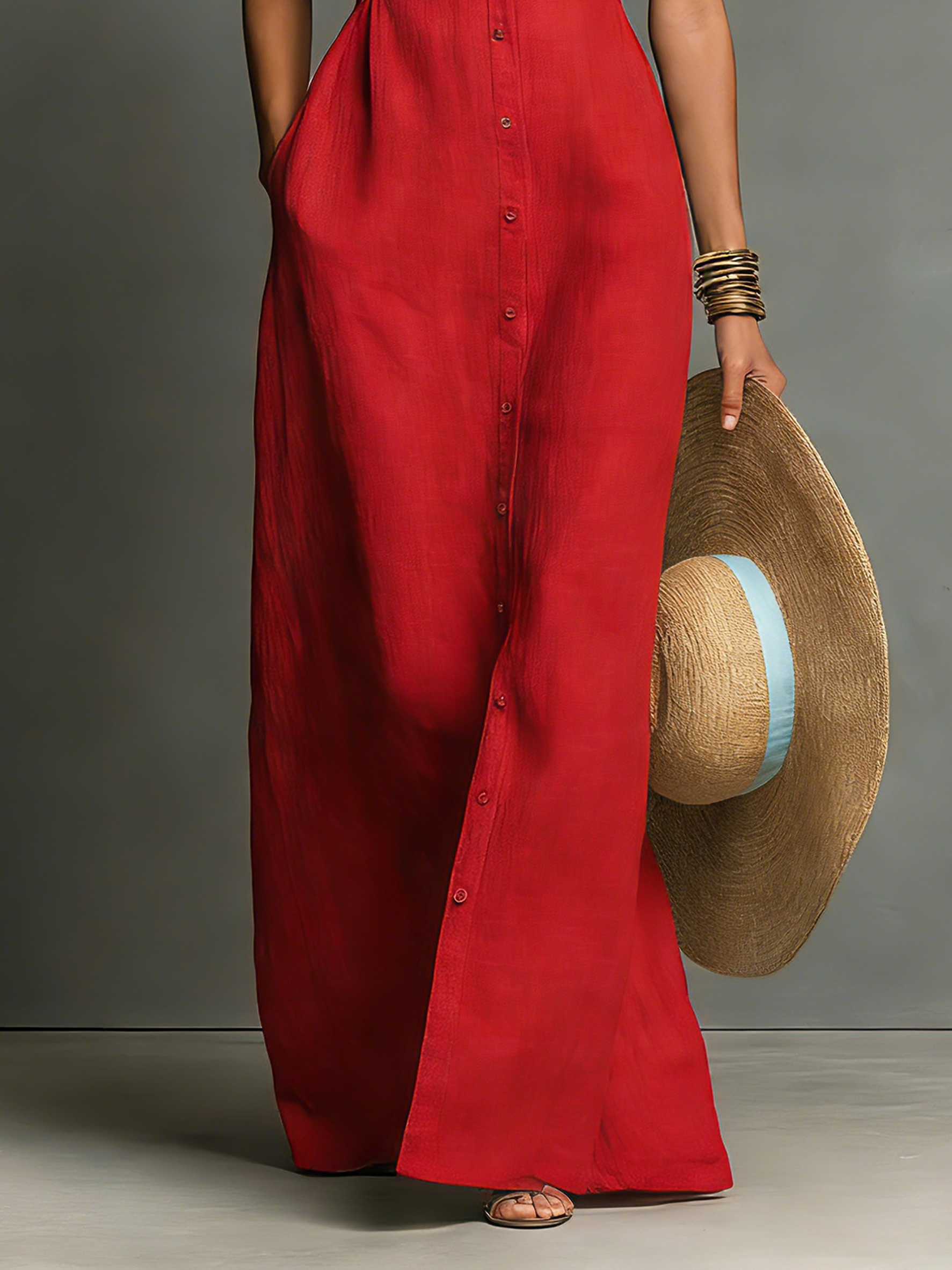 Vestido Camisero Maxi Minimalista Lino-Mezcla