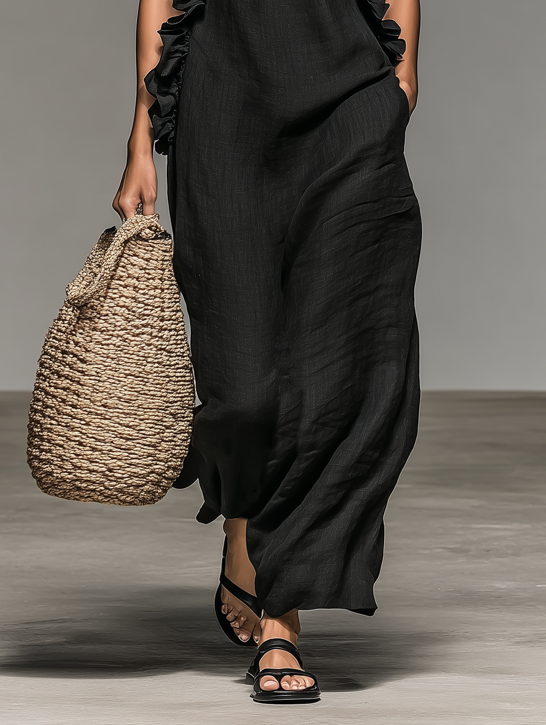Vestido Maxi Minimalista Lino-Mezcla Volantes