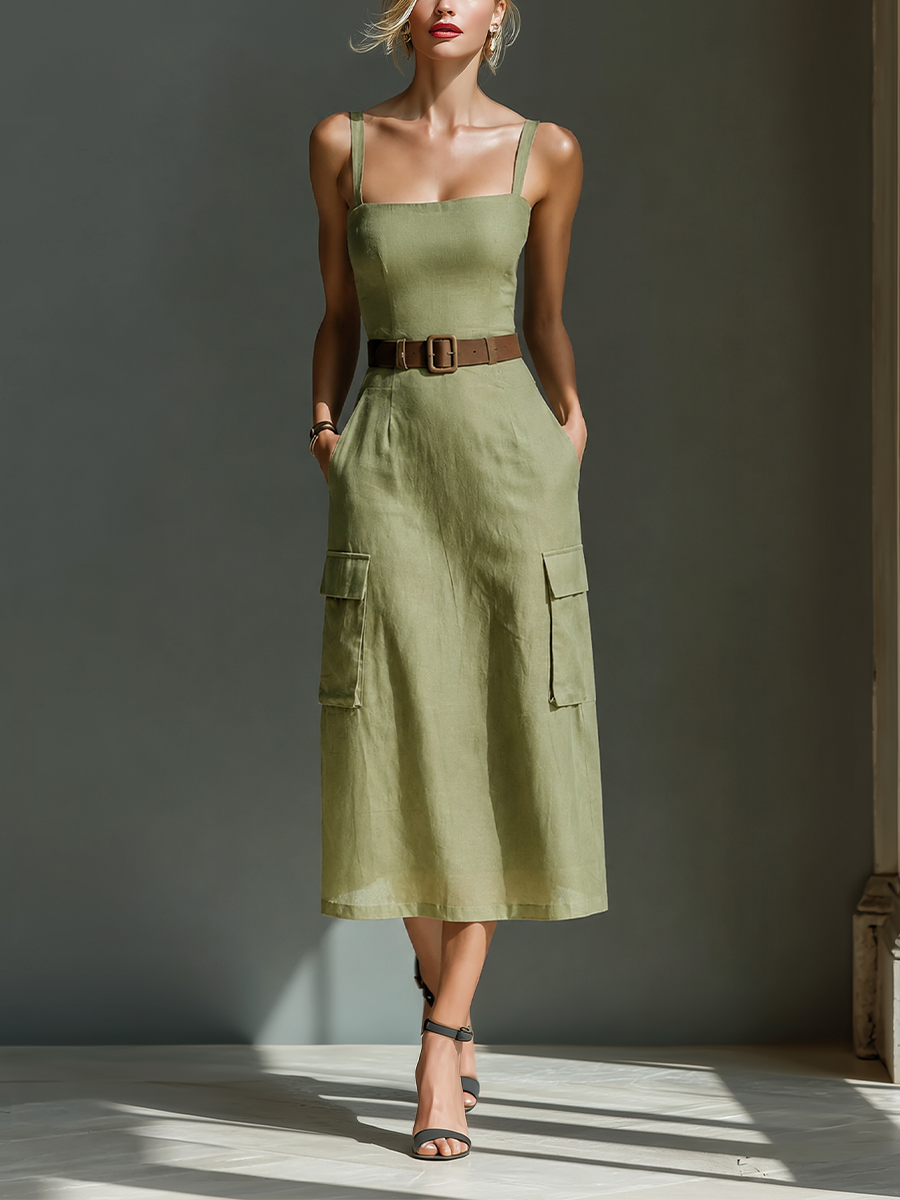 Vestido Midi Oliva Verde Lino