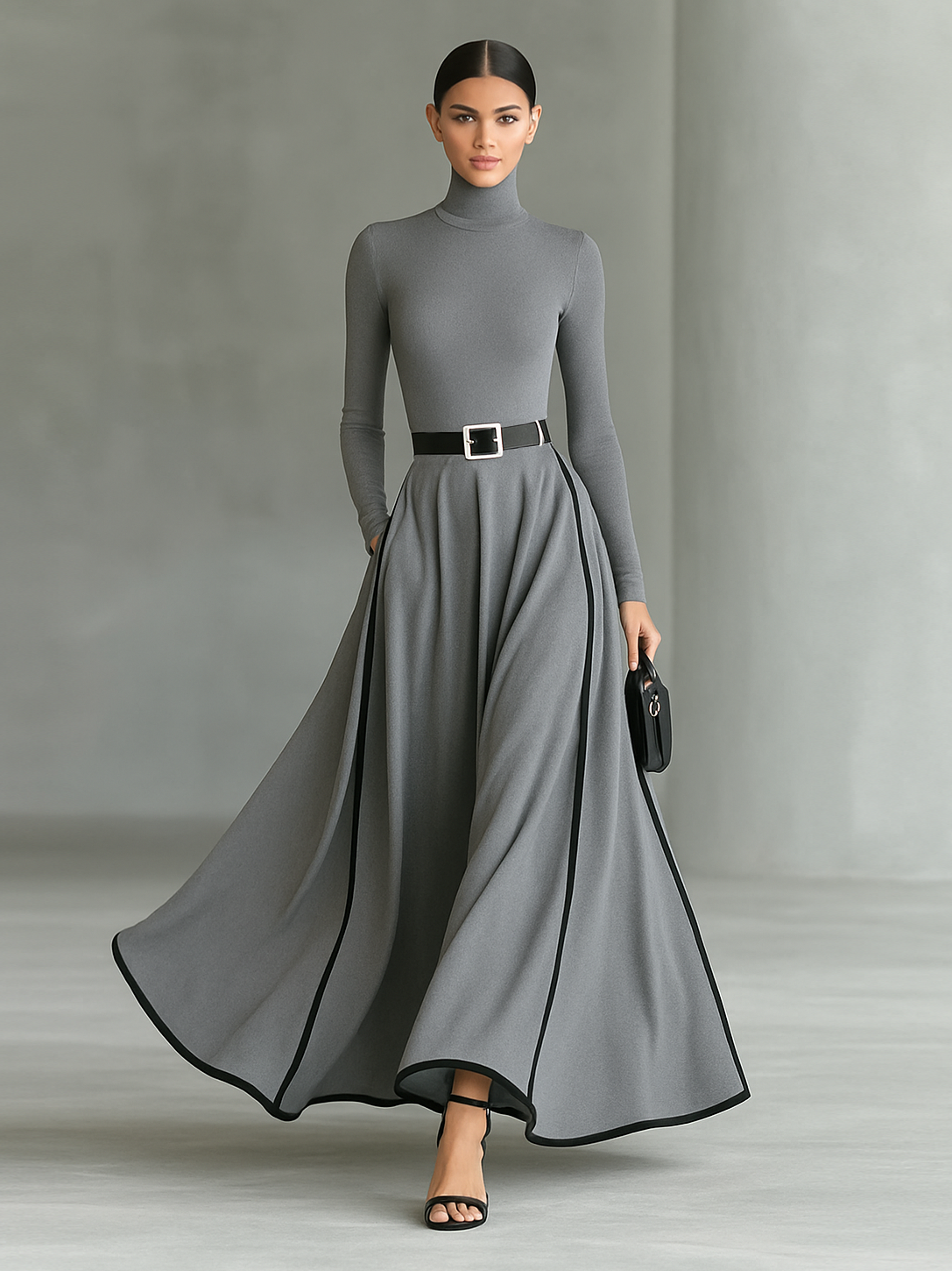 Vestido Maxi Negro Costura Blanco