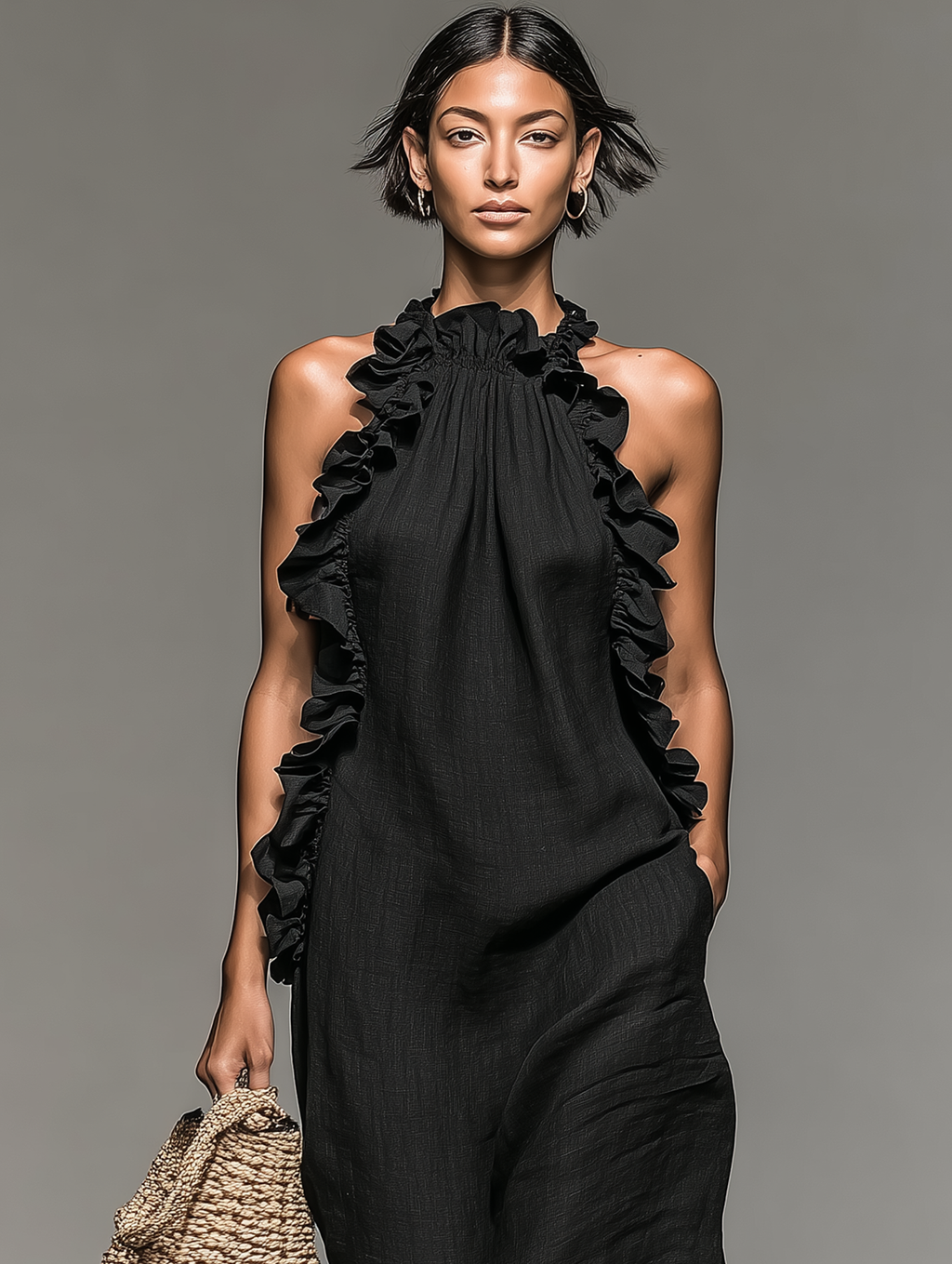 Vestido Maxi Minimalista Lino-Mezcla Volantes