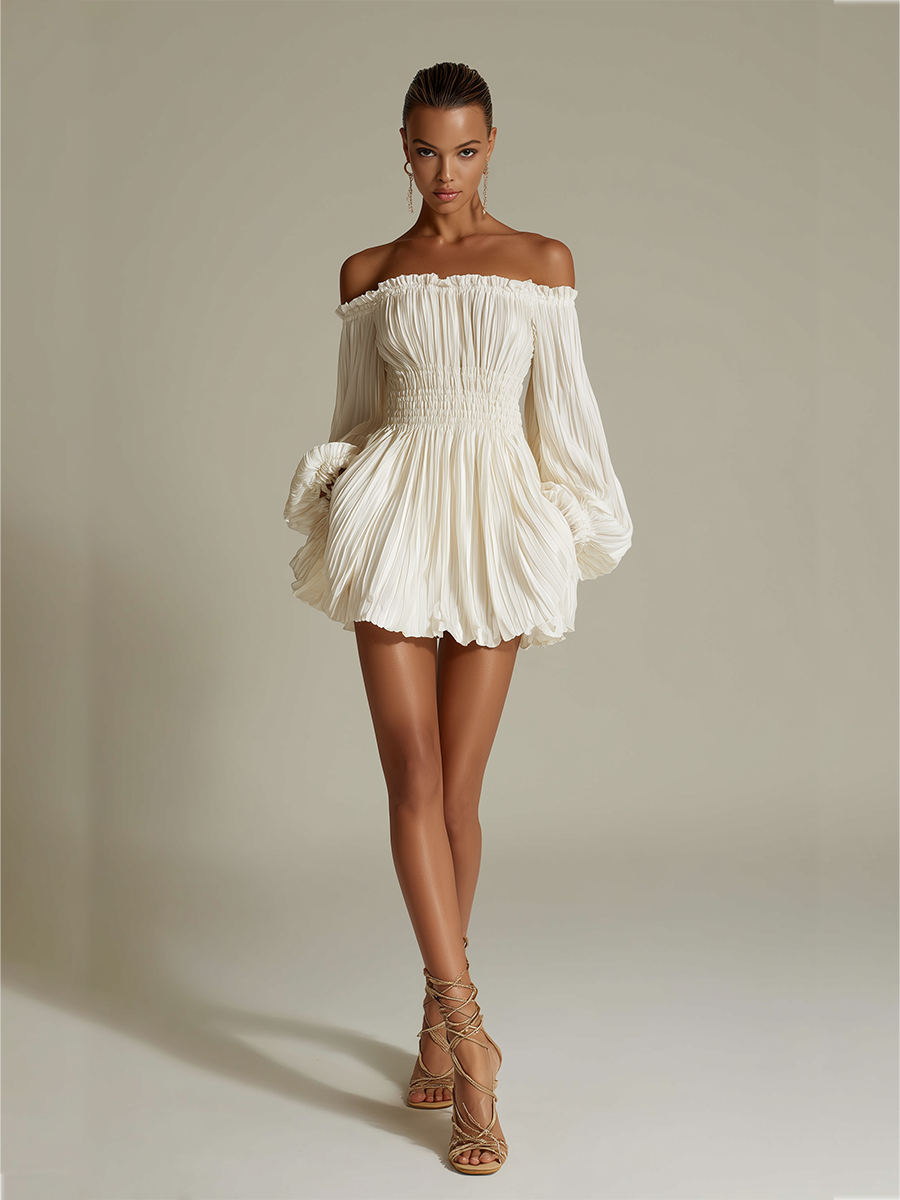 Vestido Marfil Plisado Descubiertos Cintura