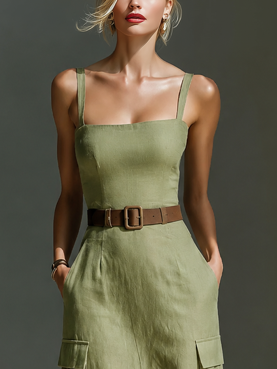 Vestido Midi Oliva Verde Lino