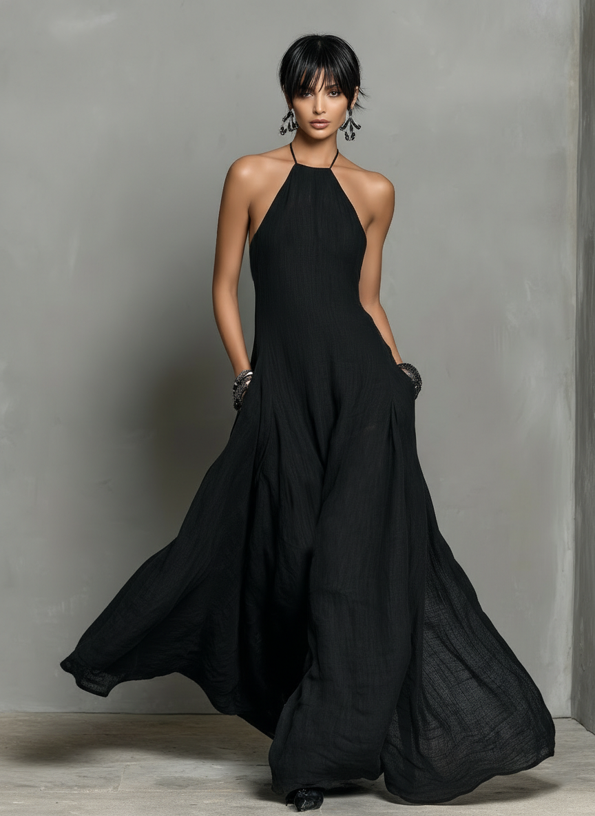 Vestido Maxi Minimalista Lino Halter
