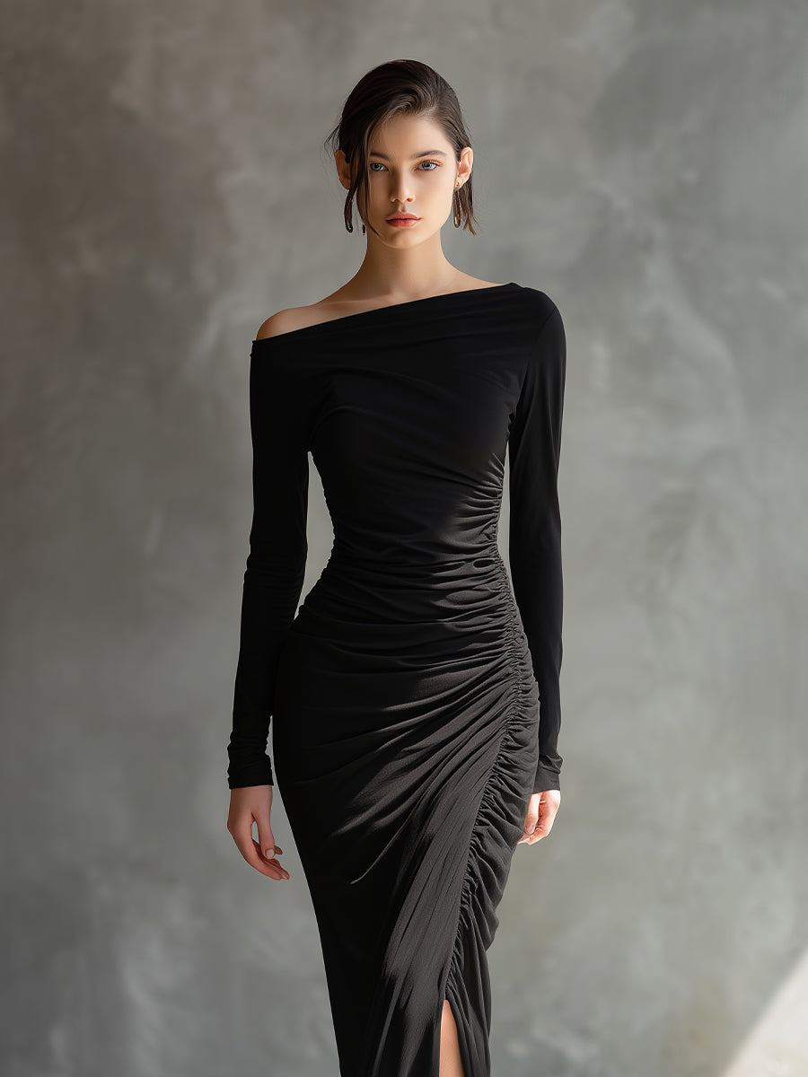 Vestido Maxi Negro Elegante Fruncido
