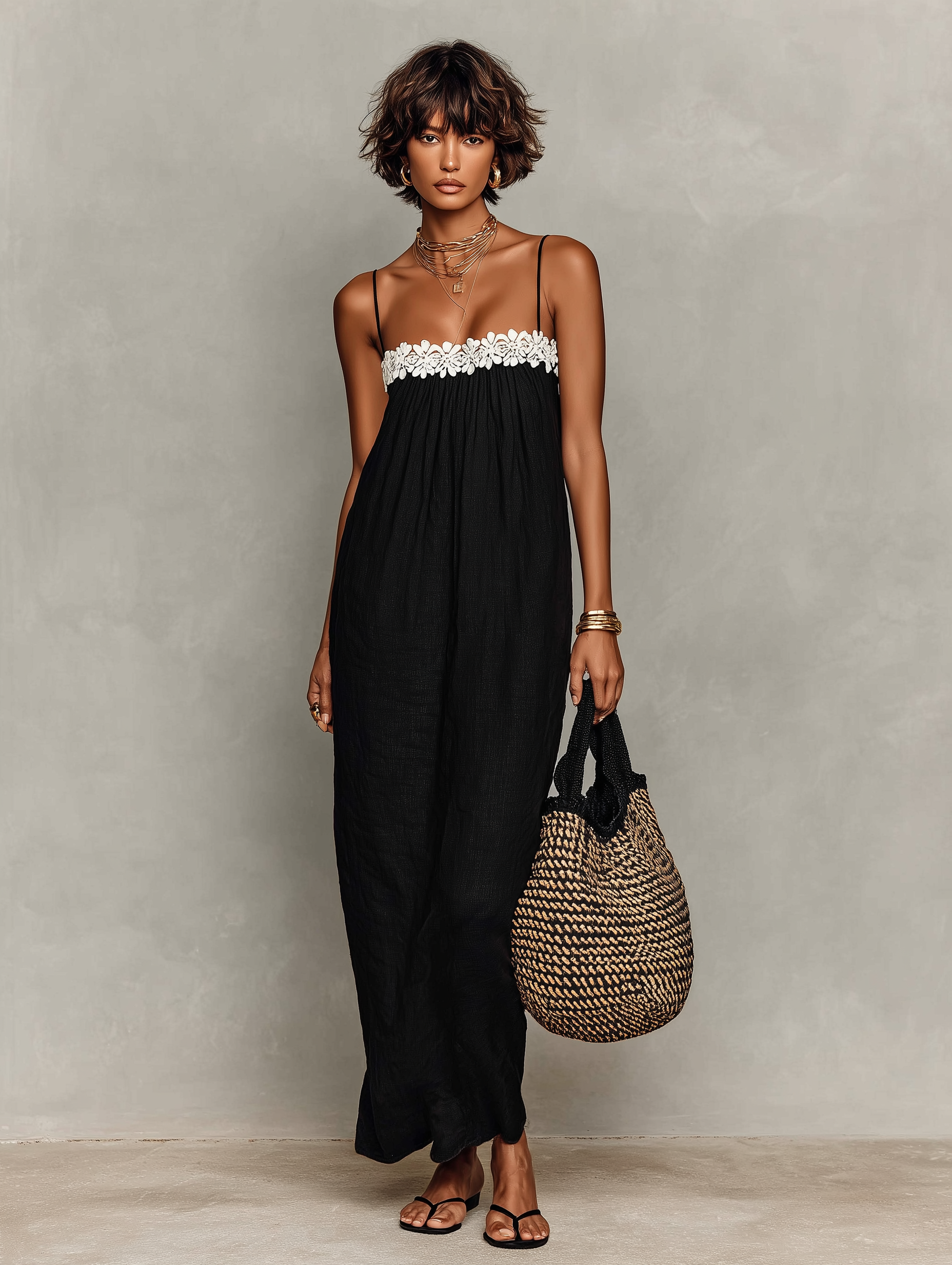 Vestido Maxi Minimalista Lino-Mezcla Encaje-Paneled
