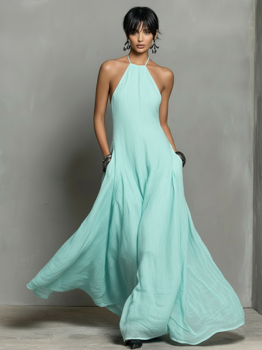 Vestido Maxi Minimalista Lino Halter