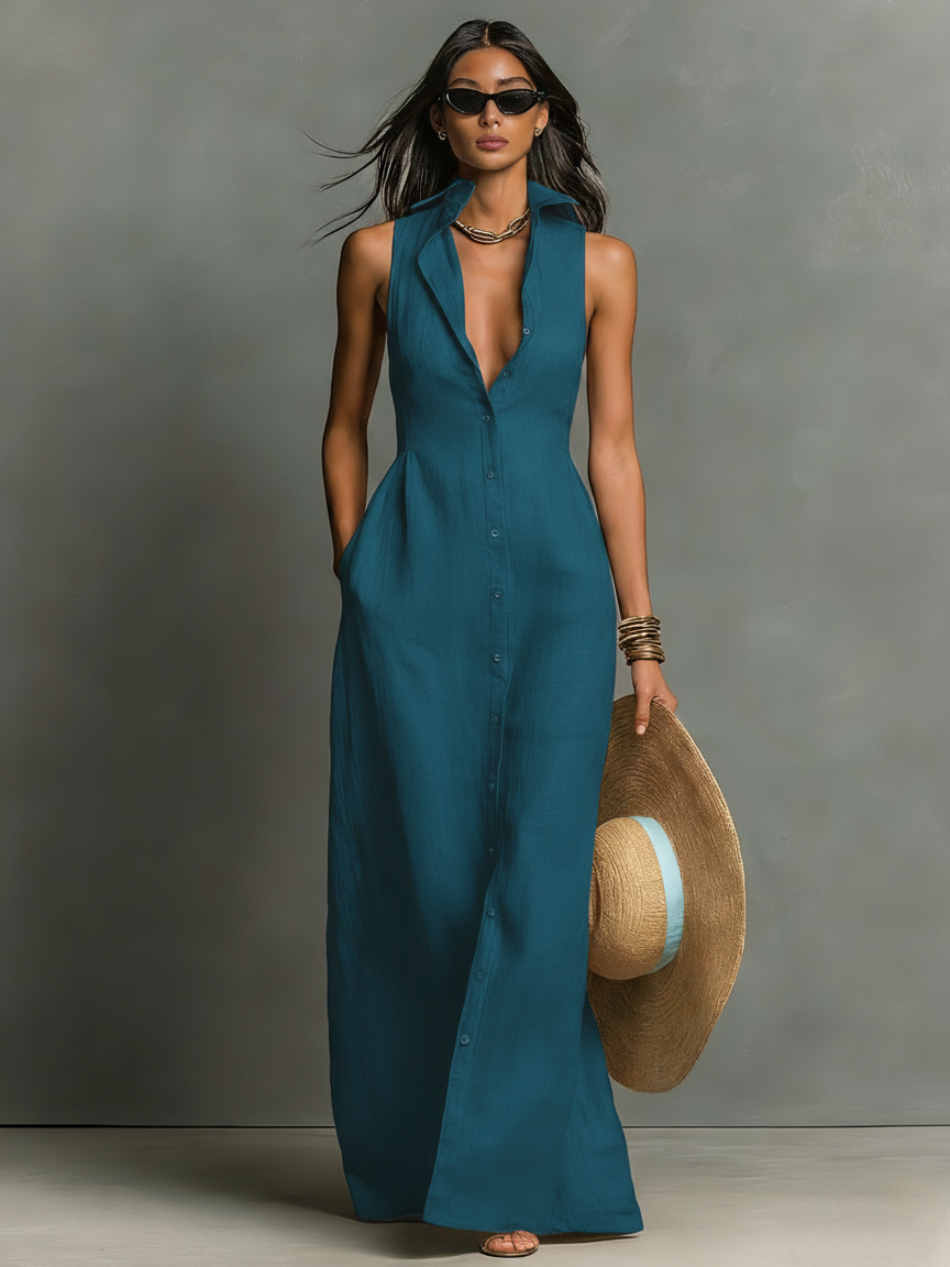 Vestido Camisero Maxi Minimalista Lino-Mezcla