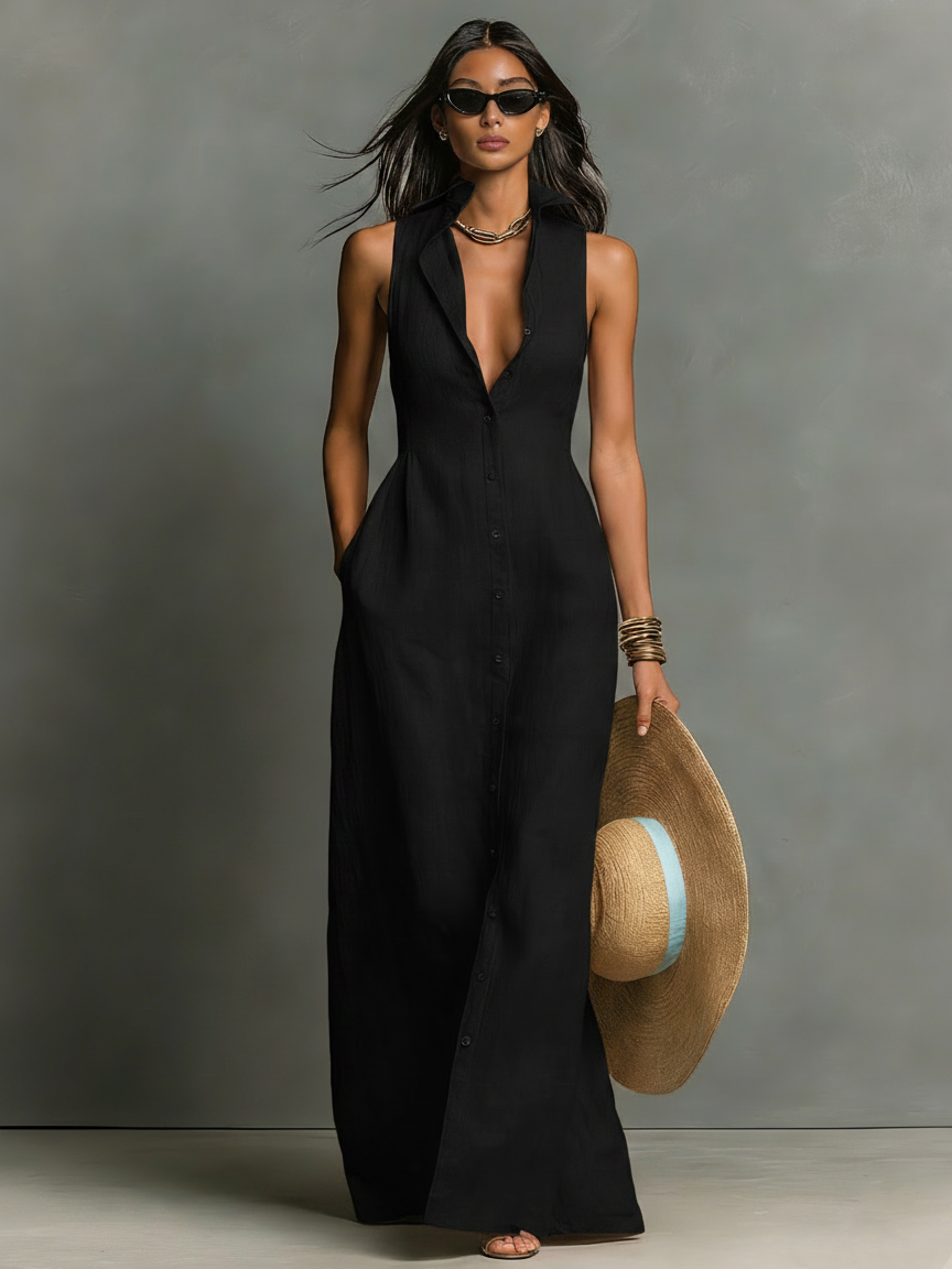 Vestido Camisero Maxi Minimalista Lino-Mezcla