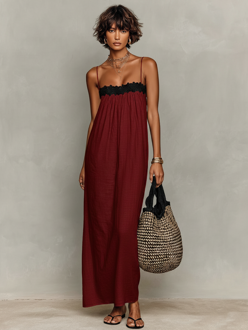 Vestido Maxi Minimalista Lino-Mezcla Encaje-Paneled