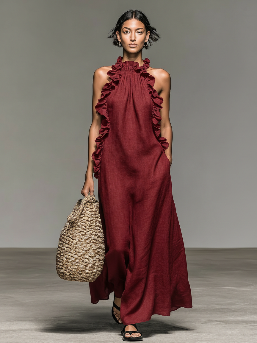 Vestido Maxi Minimalista Lino-Mezcla Volantes