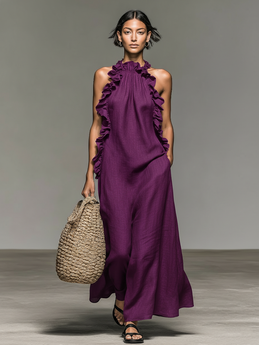 Vestido Maxi Minimalista Lino-Mezcla Volantes