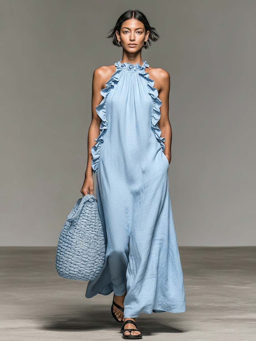 Vestido Maxi Minimalista Lino-Mezcla Volantes