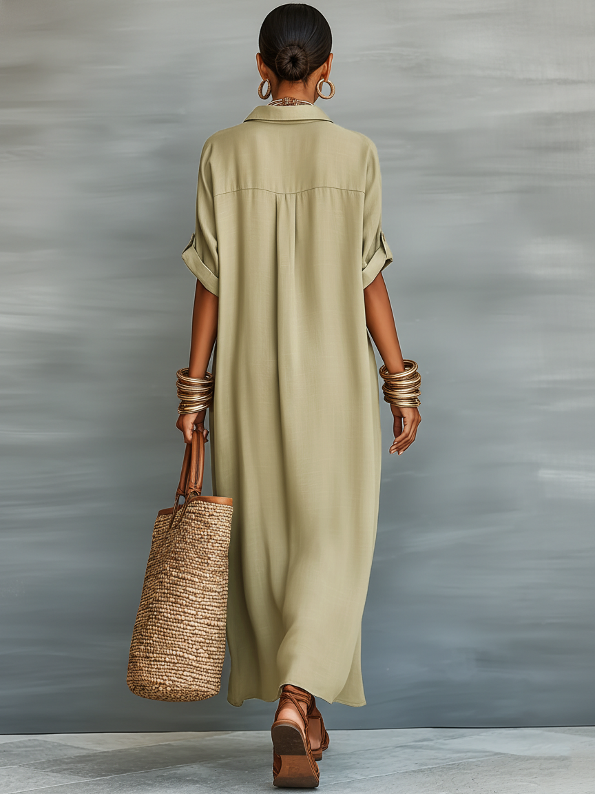 Vestido Maxi Minimalista Lino Camisa