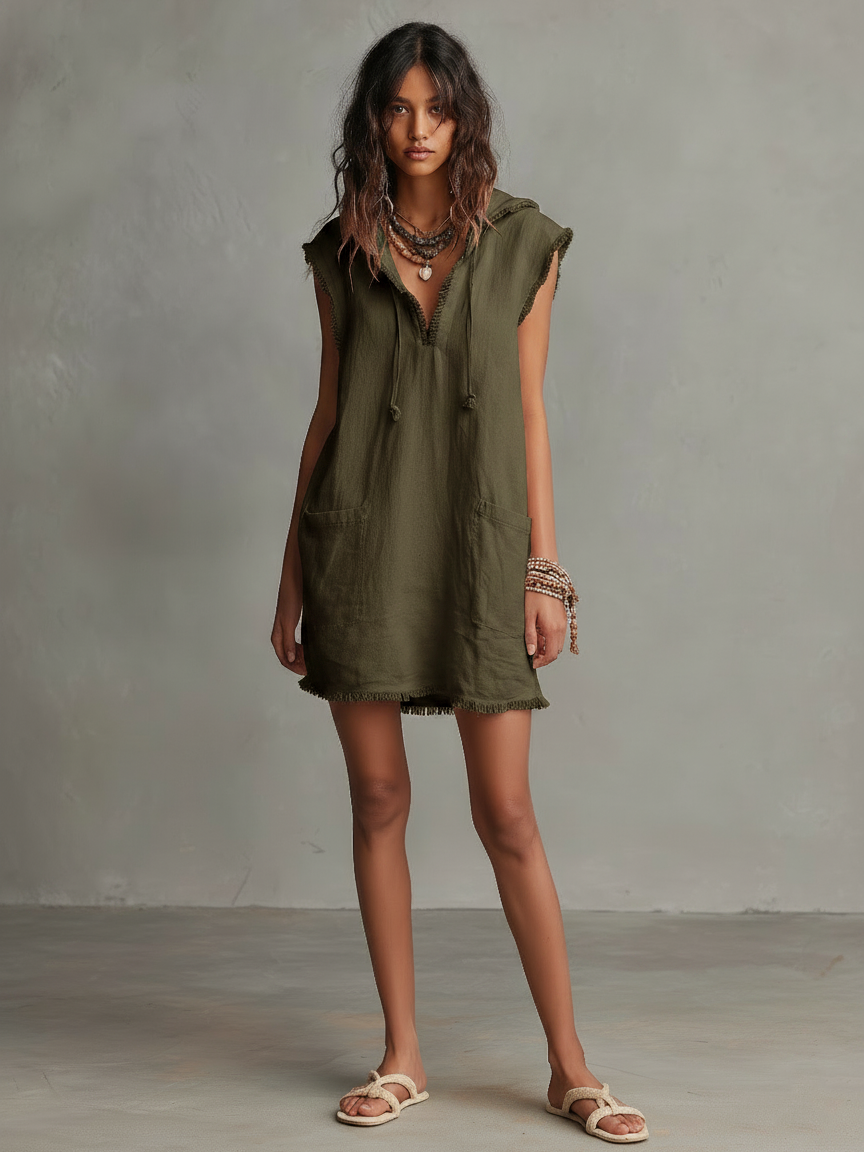 Vestido Mini Minimalista Lino-Mezcla Capucha