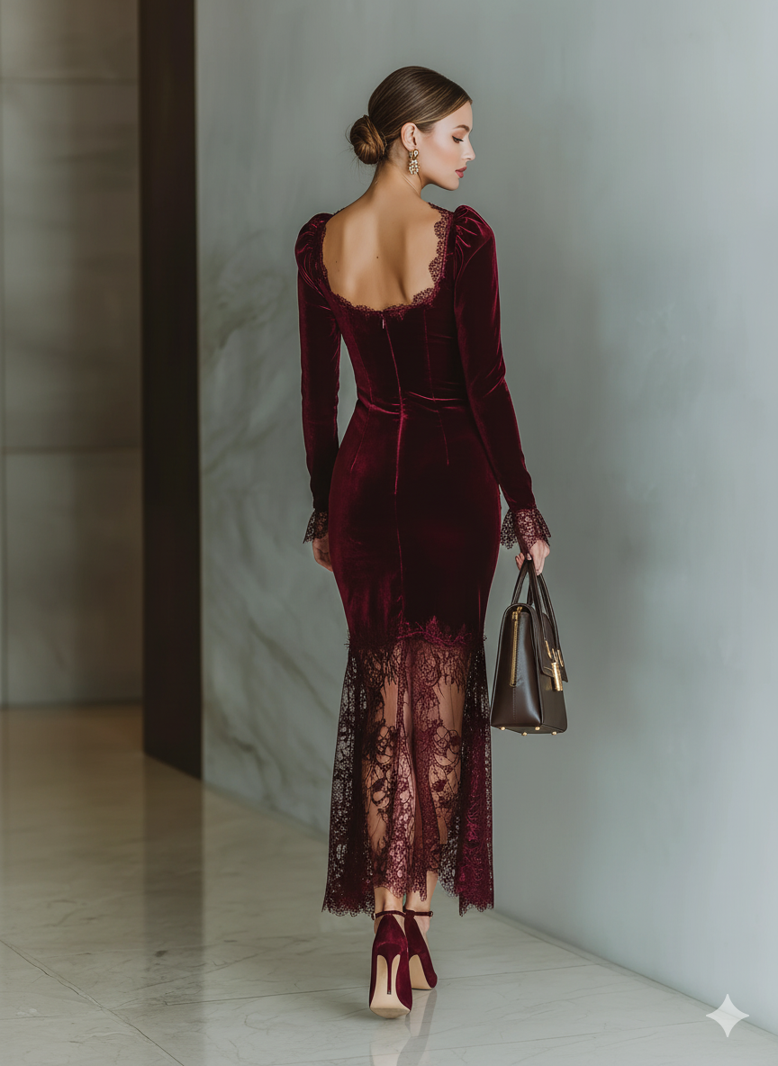 Vestido Maxi Burdeos Terciopelo Ajustado