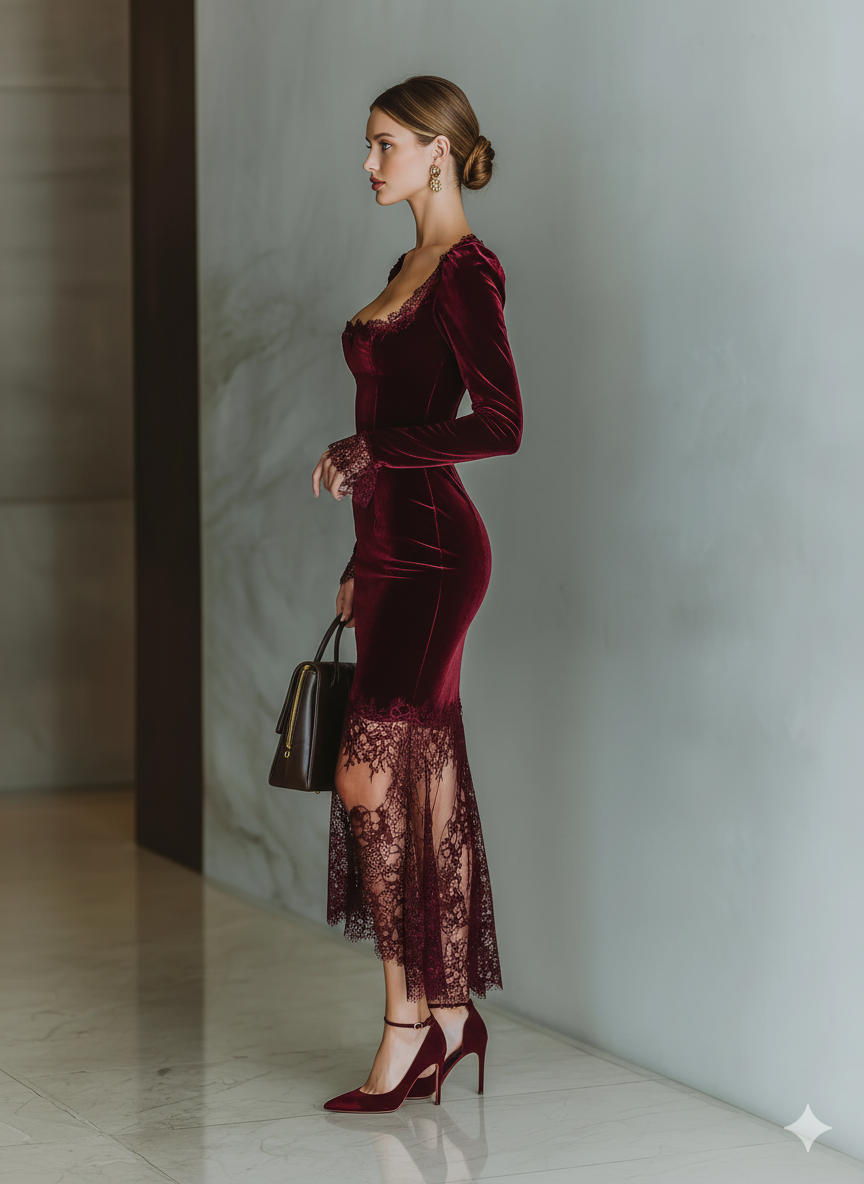 Vestido Maxi Burdeos Terciopelo Ajustado