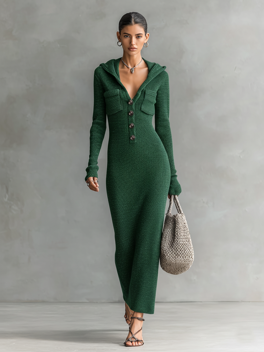Vestido Maxi Ajustado Capucha Punto