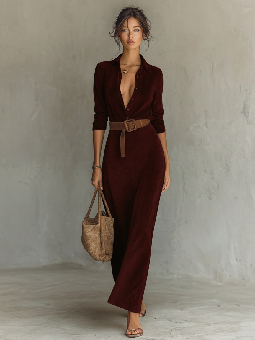 Vestido Maxi Ante Solapa Cinturón