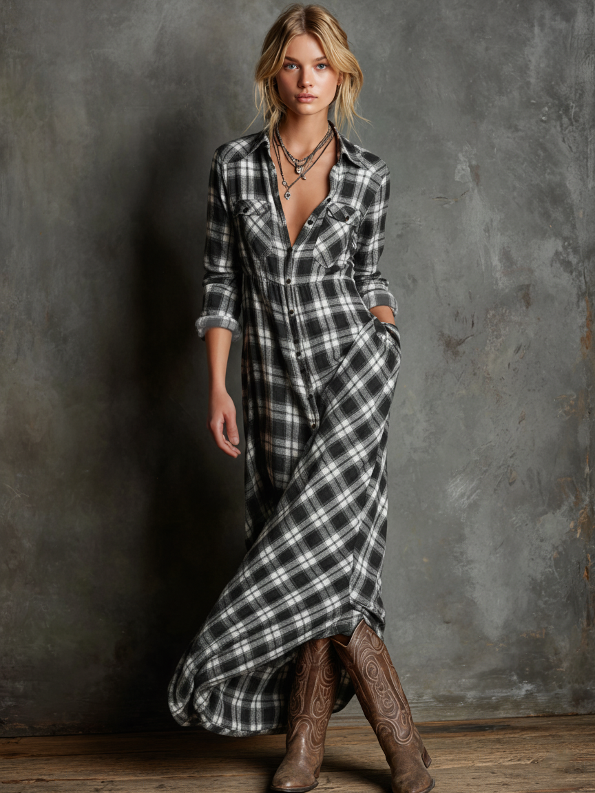 Vestido Maxi Cuadros Solapa Camisa