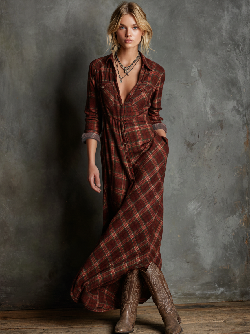 Vestido Maxi Cuadros Solapa Camisa